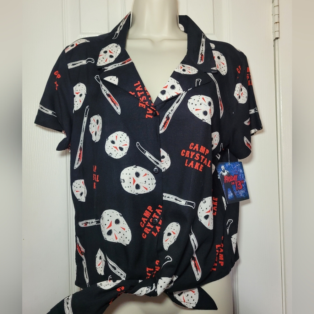 Friday the 13th Camp Crystal Lake Tie-Front Button-up Shirt Machete Horror Large - Picture 7 of 11